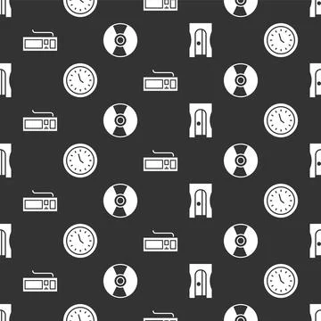 Set Pencil sharpener, Clock, Keyboard and CD or DVD disk on seamless pattern Illustrazione stock