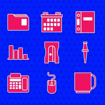 Set Pencil sharpener, Computer mouse, Coffee cup, Push pin, Telephone, Pie chart Stock Illustration