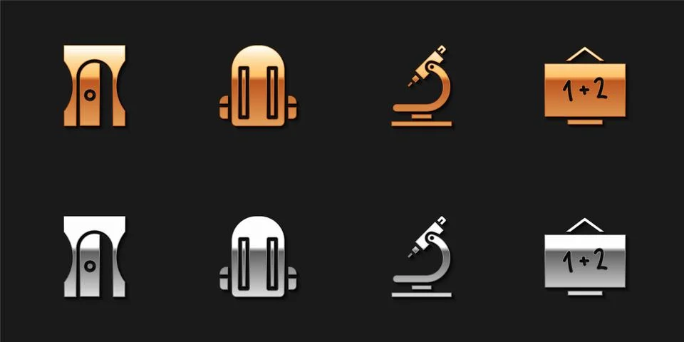 Set Pencil sharpener, School backpack, Microscope and Chalkboard icon. Vector Stock Illustration