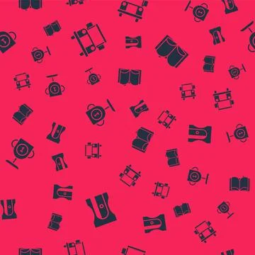 Set Pencil sharpener, School Bus, Award cup and Open book on seamless pattern Stock Illustration