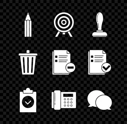 Set Pencil, Target, Stamp, Completed task, Telephone, Speech bubble chat, Tra Stock Illustration
