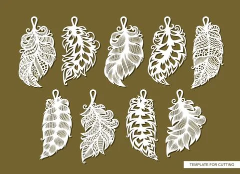 Set of pendants in the shape of leaf, feather.  Stock Illustration