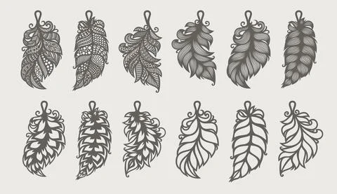 Set of pendants in the shape of leaf, feather.  Stock Illustration