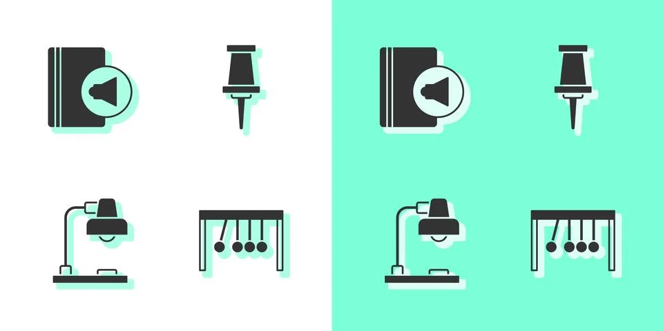 Set Pendulum, Audio book, Table lamp and Push pin icon. Vector Stock Illustration