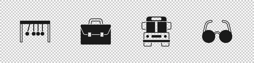 Set Pendulum, Briefcase, School Bus and Glasses icon. Vector 스톡 일러스트