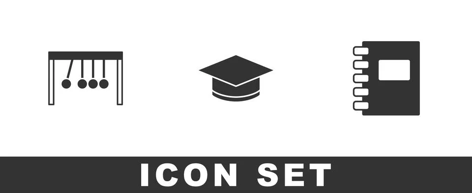 Set Pendulum, Graduation cap and Spiral notebook icon. Vector Stock Illustration