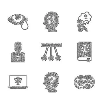 Set Pendulum, Head with question mark, Comedy and tragedy masks, Psychology book Illustrazione stock
