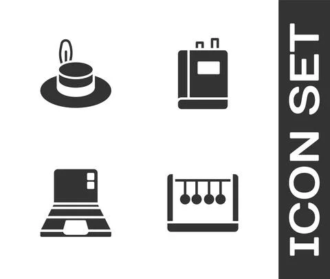 Set Pendulum, Man hat, Laptop and Book icon. Vector 스톡 일러스트