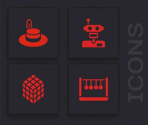 Set Pendulum, Man hat, Robot and Rubik cube icon. Vector 스톡 일러스트