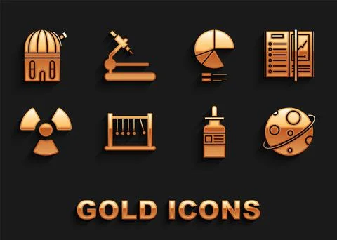 Set Pendulum, Notebook, Planet, Glass bottle with pipette, Radioactive, Pie Ilustración de archivo