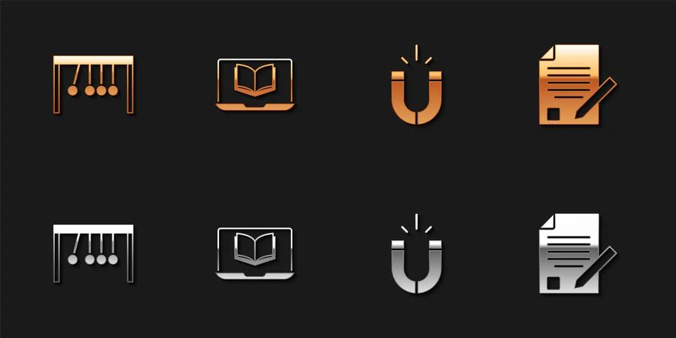 Set Pendulum, Online class, Magnet and Exam sheet and pencil icon. Vector 스톡 일러스트