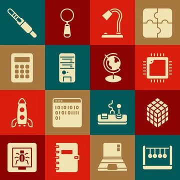 Set Pendulum, Rubik cube, Processor with CPU, Table lamp, Computer, Calculator Illustrazione stock