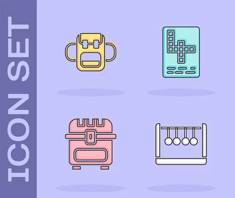 Set Pendulum, School backpack, Antique treasure chest and Crossword icon. Vector Illustrazione stock