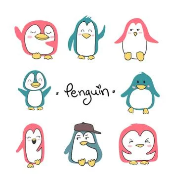 Set of penguins cute character Stock Illustration