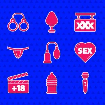 Set Penis pump, Condom safe sex, Dildo vibrator, Heart with text Sex, Movie Illustrazione stock