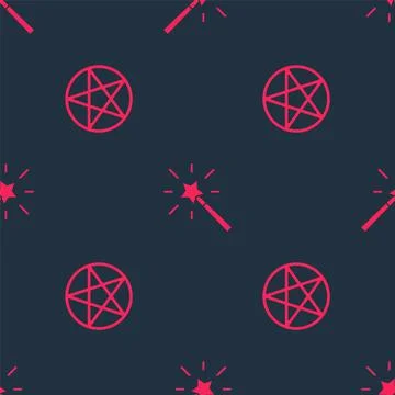 Set Pentagram in a circle and Magic wand on seamless pattern. Vector Illustrazione stock