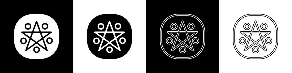Set Pentagram in a circle icon isolated on black and white background. Magic Stock Illustration