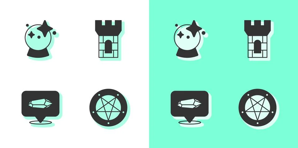 Set Pentagram in a circle, Magic ball, stone and Castle tower icon. Vector Stock Illustration