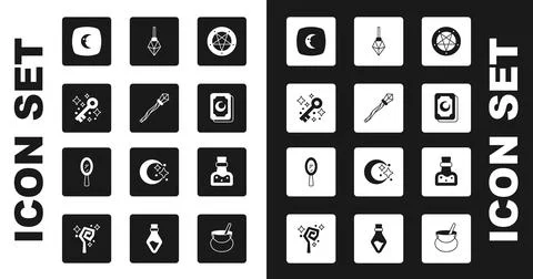 Set Pentagram in a circle, Magic staff, Old magic key, Moon and stars, Taro.. Stock Illustration