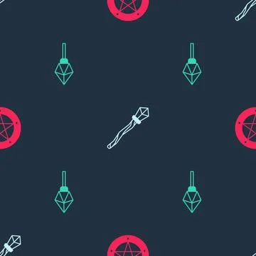 Set Pentagram in a circle, Magic staff and stone on seamless pattern. Vector Stock Illustration