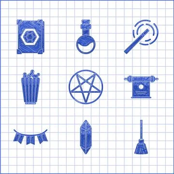 Set Pentagram in a circle, Magic stone, Witches broom, scroll, Carnival garland Stock Illustration