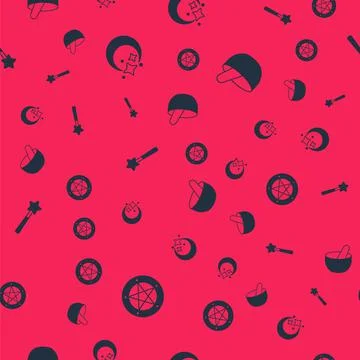 Set Pentagram in a circle, Moon and stars, Magic wand and Witch cauldron on Stock Illustration
