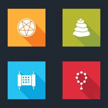 Set Pentagram in a circle, Stack hot stones, Decree, paper, parchment, scroll Stock Illustration