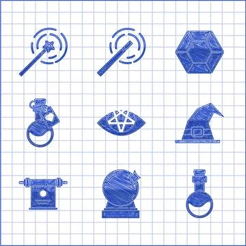 Set Pentagram, Magic ball, Bottle with love potion, Witch hat, scroll, ston.. Stock Illustration