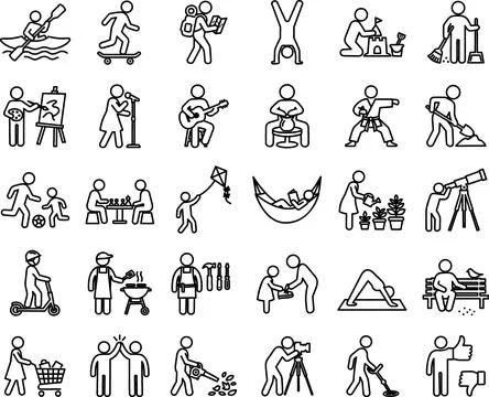 Set of people activities and hobbies line art icons Stock Illustration