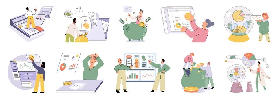 Set of people analyzing personal or corporate budget. Concept of finance Stock Illustration