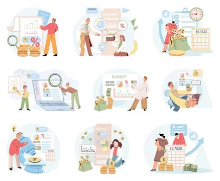 Set of people analyzing personal or corporate budget, counting money. Cash Stock Illustration