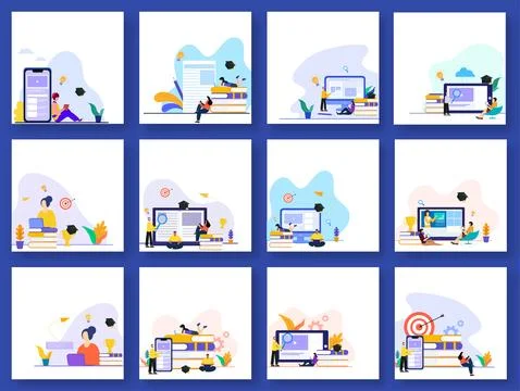 Set of People Character Online Learning or Reading From Digital Devices wit.. Stock Illustration