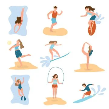 Set of people character, practic different beach summer sport Stock Illustration
