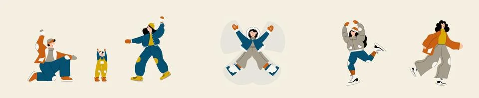 Set of People Characters with Winter activity scenes Illustrazione stock