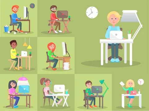 Set of People at Computer in Office Cartoon Style Illustrazione stock