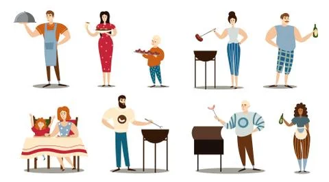 Set of people cooking and serving barbecue meat vector illustration Stock Illustration
