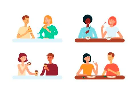 Set of people couples sit at table eating various food flat cartoon style Ilustração Stock
