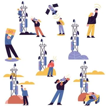 Set of people developing, testing and protesting against 5g technologies Illustrazione stock