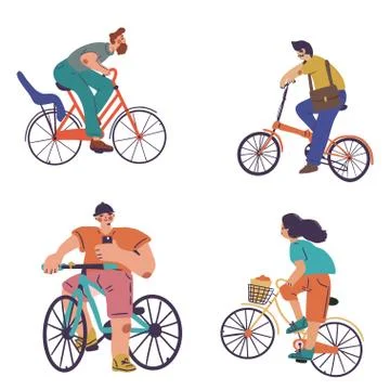 Set of people on different bikes, activity and sport Stock Illustration