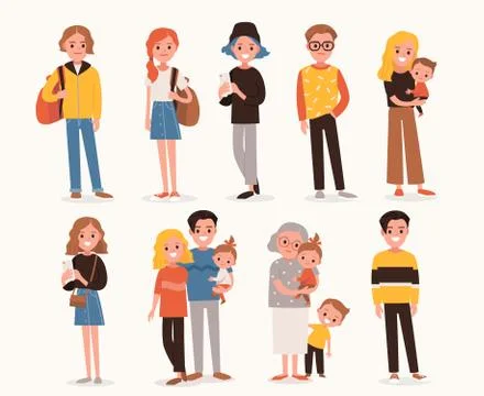 Set of people in different poses. Young happy family with a little child. Stock Illustration