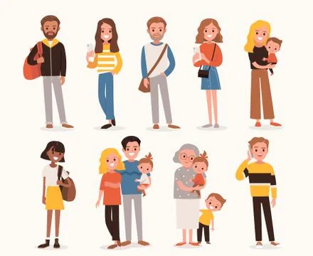 Set of people in different poses. Young happy family with a little child. Illustrazione stock