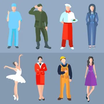 Set of people different professions cook, soldier, builder, dancer, teacher Stock Illustration