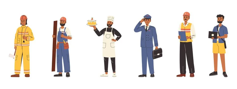 Set of people in different professions. Fireman, builder, pastry chef, pilot, Stock Illustration