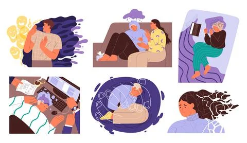 Set of people in difficult situations, experiencing negative emotions, heartache Stock Illustration