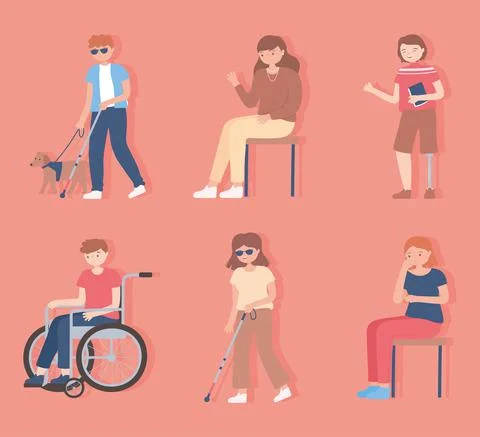 Set of people disable, blind, walking and sitting characters Stock Illustration