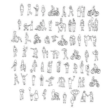 Set of people doing activities illustration vector sketch with black lines. Stock Illustration