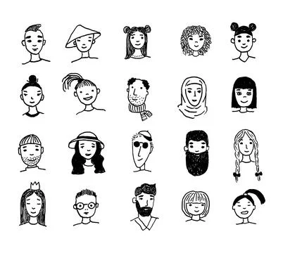 Set of people faces hand drawn in doodle style. Black lines and silhuette Stock Illustration