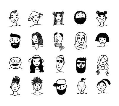Set of people faces hand drawn in doodle style. Black lines and silhuette Stock Illustration