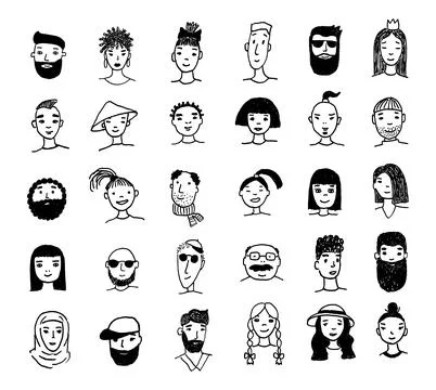Set of people faces hand drawn in doodle style. Black lines and silhuette Stock Illustration
