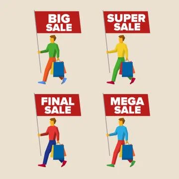 Set of people with flags, text about sales on standards Stock-Illustration